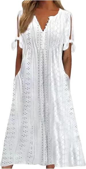 Summer Maxi Dresses for Women 2025 Vacation Casual V Neck Eyelet Dress with Sleeves Pockets Wedding Guest Church Outfits