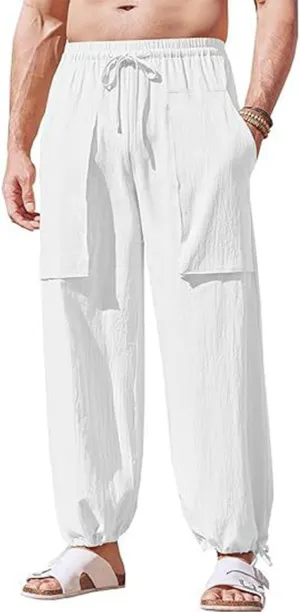 Summer Men's Cargo Multi-Pocket Big & Tall Casual Pants Cotton Hemp Loose Drawstring Leg Pants 2025