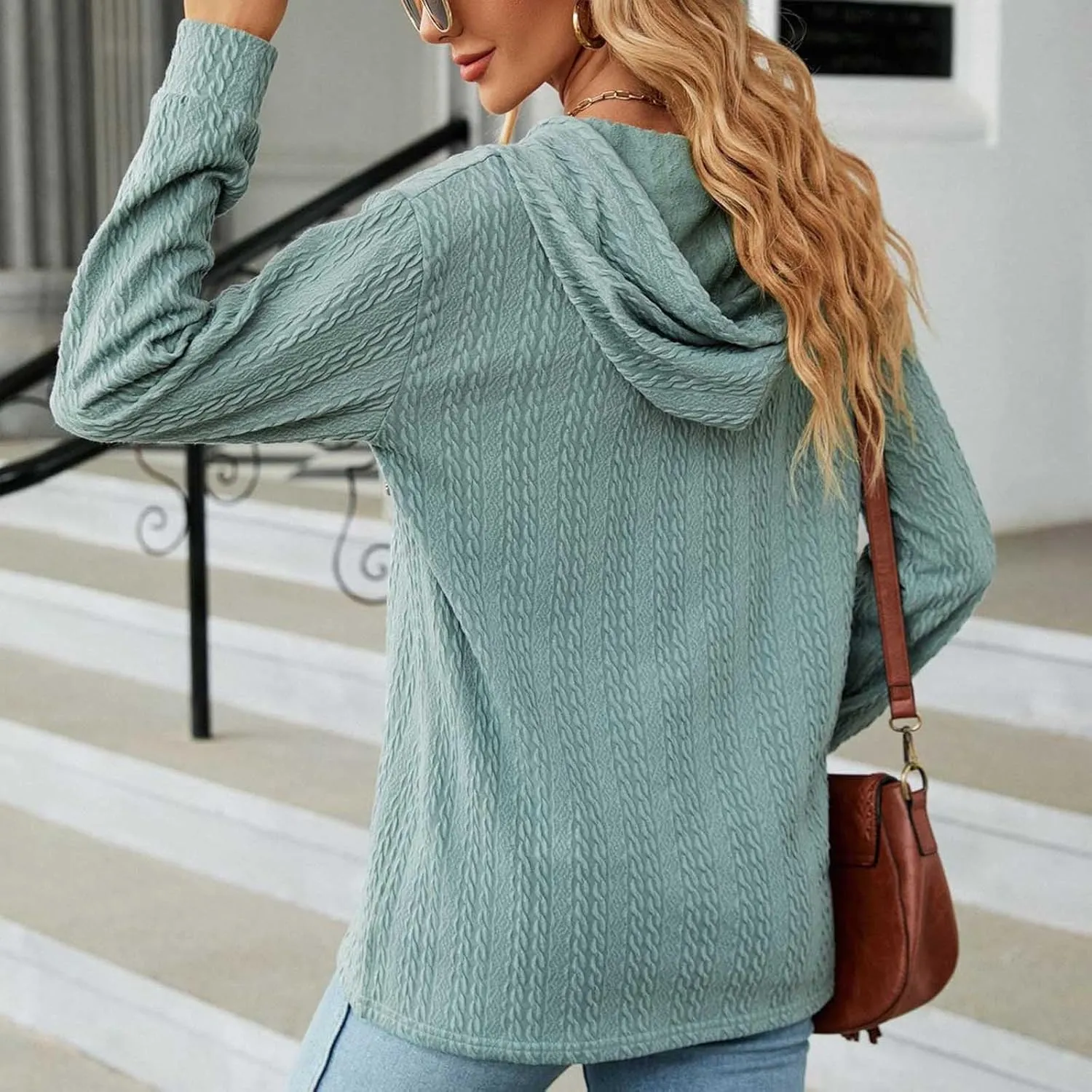 Sweater Hoodies for Women 2023 Long Sleeve Casual Button V Neck Hooded Tops Oversized Pullover Sweatshirt