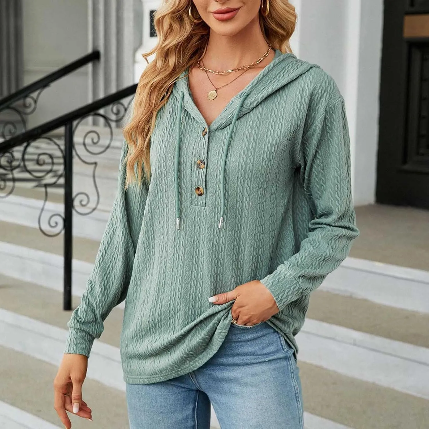 Sweater Hoodies for Women 2023 Long Sleeve Casual Button V Neck Hooded Tops Oversized Pullover Sweatshirt