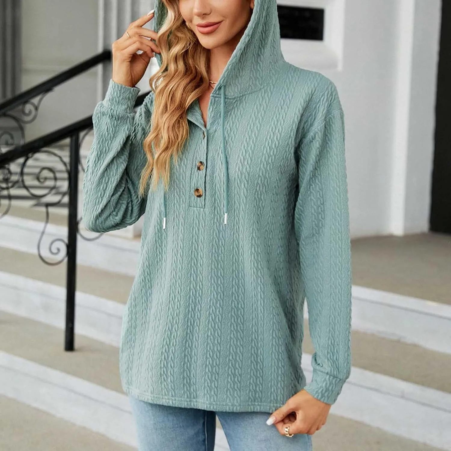 Sweater Hoodies for Women 2023 Long Sleeve Casual Button V Neck Hooded Tops Oversized Pullover Sweatshirt