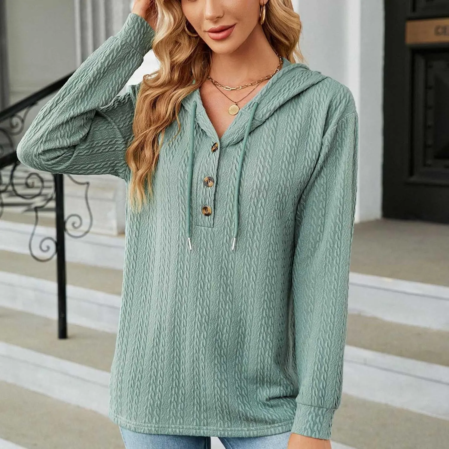 Sweater Hoodies for Women 2023 Long Sleeve Casual Button V Neck Hooded Tops Oversized Pullover Sweatshirt