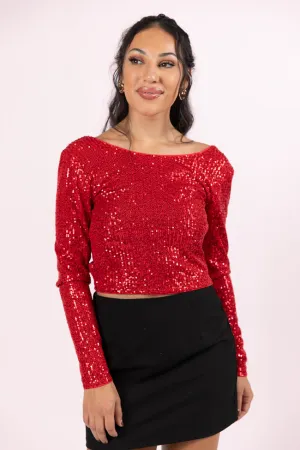 Tidings To You Red Smocked Back Sequin Top  FINAL SALE