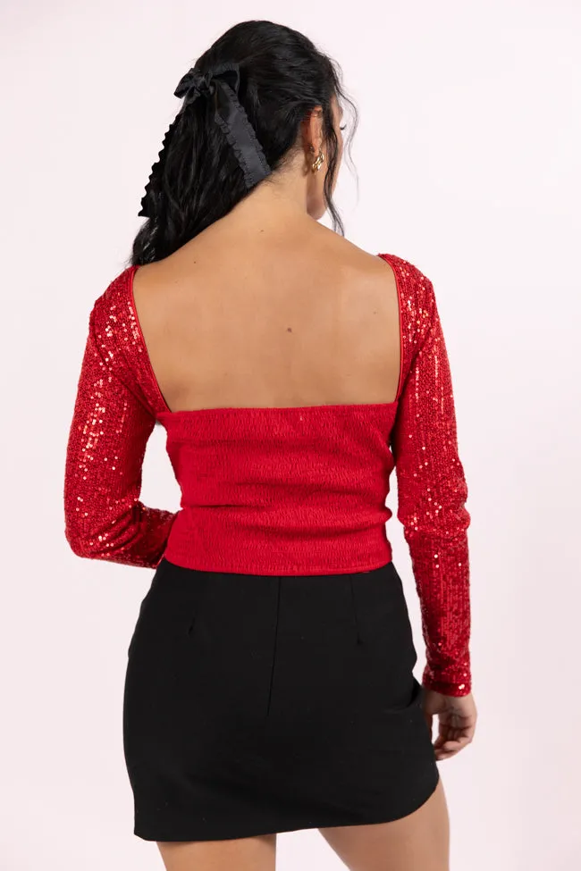 Tidings To You Red Smocked Back Sequin Top  FINAL SALE