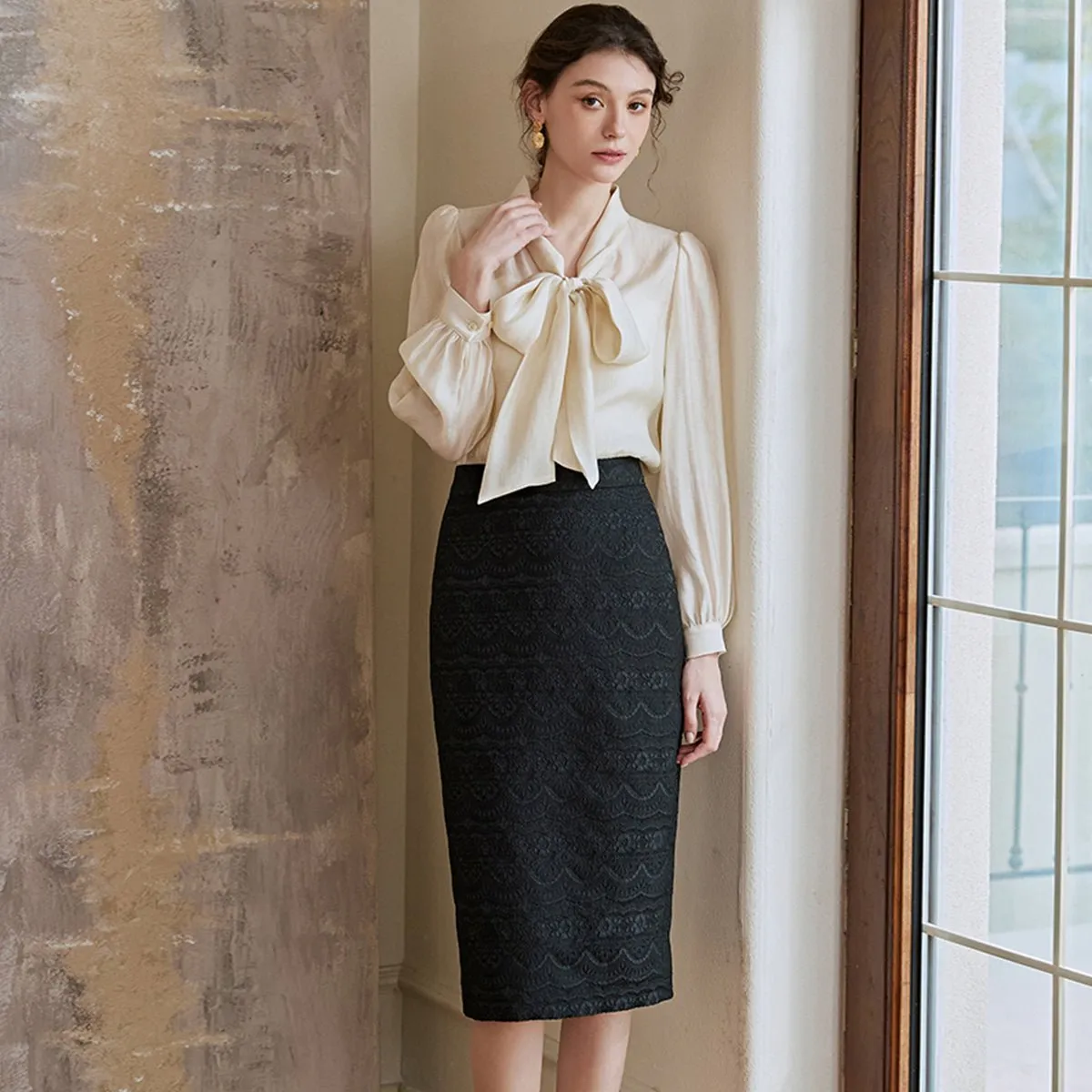 Tie-Neck Apricot Top with Bishop Sleeves