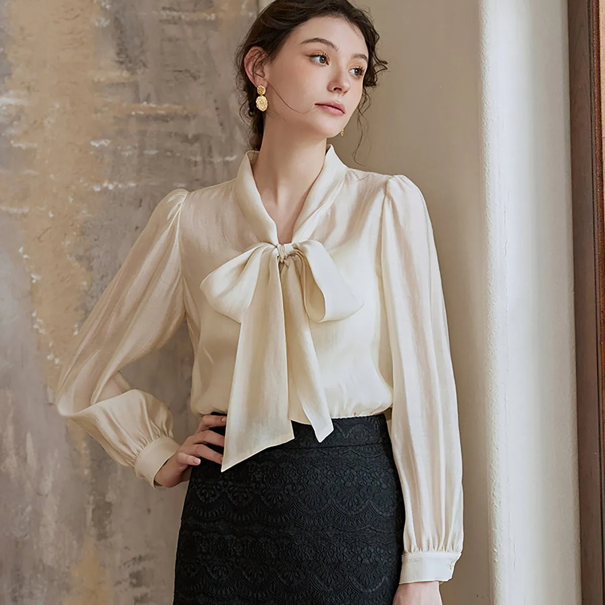 Tie-Neck Apricot Top with Bishop Sleeves
