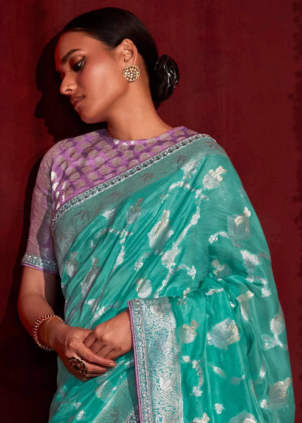 Turquoise Blue Zari Silk Saree with Blouse