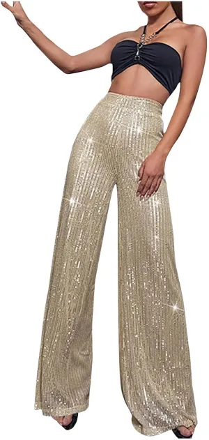 Uillui Sequin Palazzo Pants Women Fashion Glitter Sparkle Wide Leg Trousers for Party High Waist Straight Shimmer Long Pants