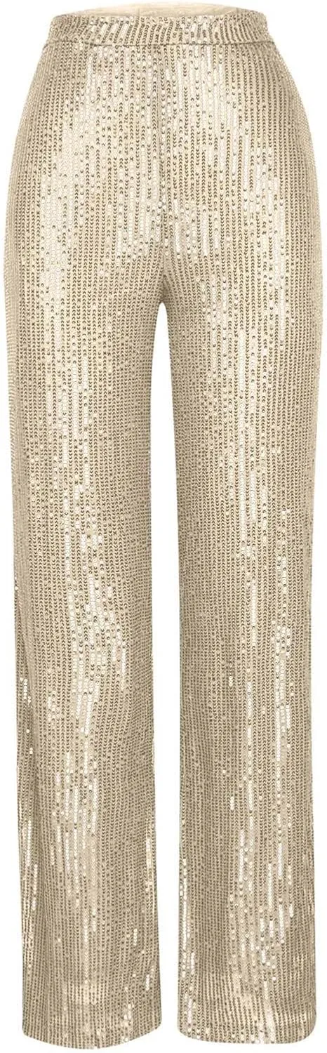 Uillui Sequin Palazzo Pants Women Fashion Glitter Sparkle Wide Leg Trousers for Party High Waist Straight Shimmer Long Pants