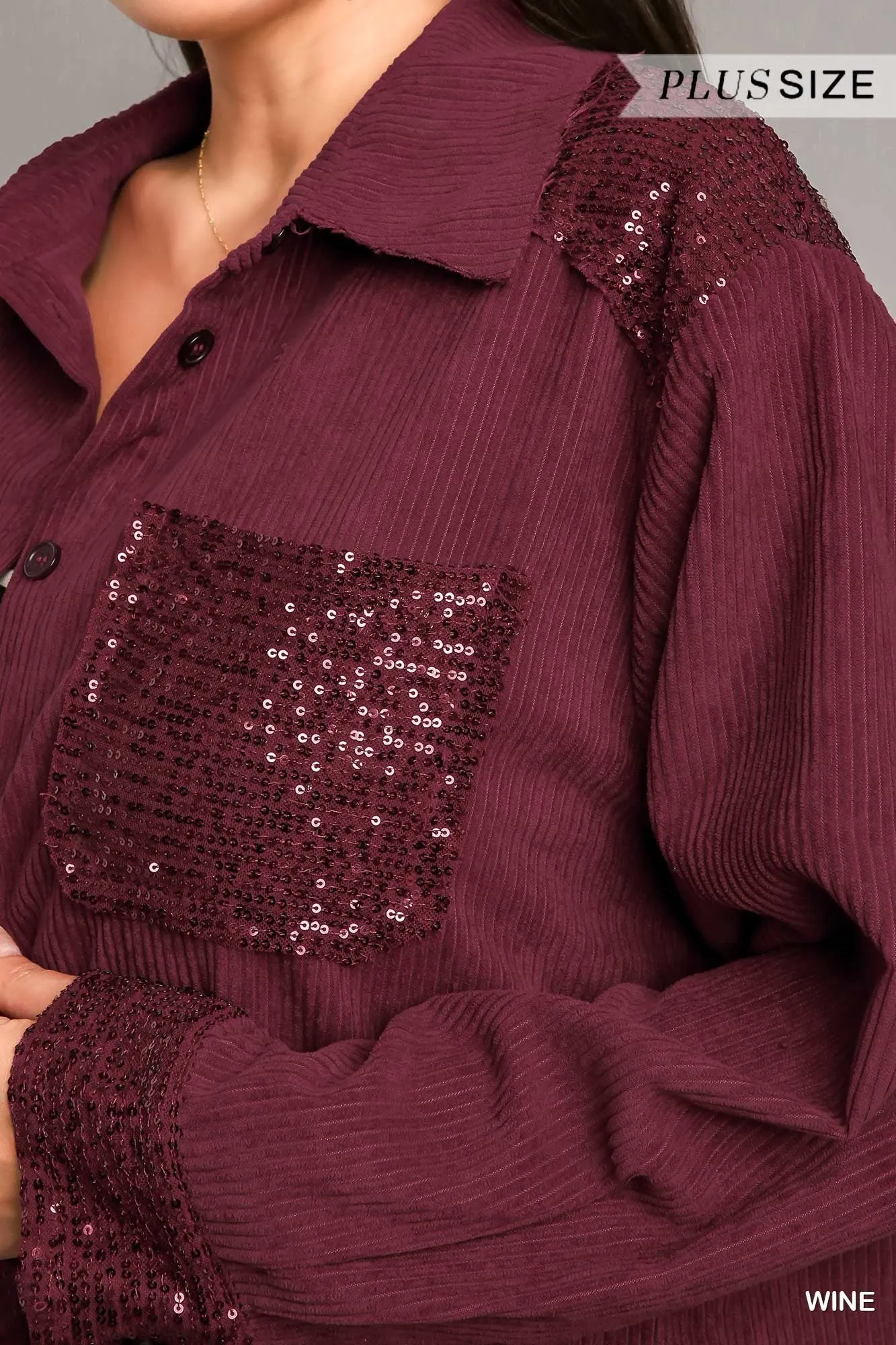 Umgee Wine Corduroy Jacket With Sequin Details Plus