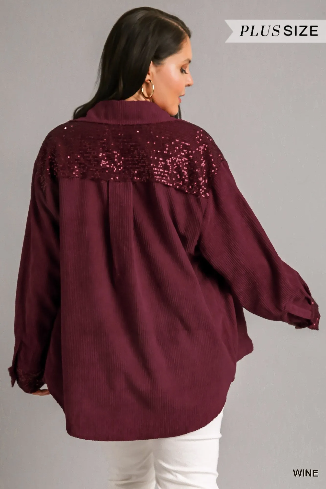 Umgee Wine Corduroy Jacket With Sequin Details Plus