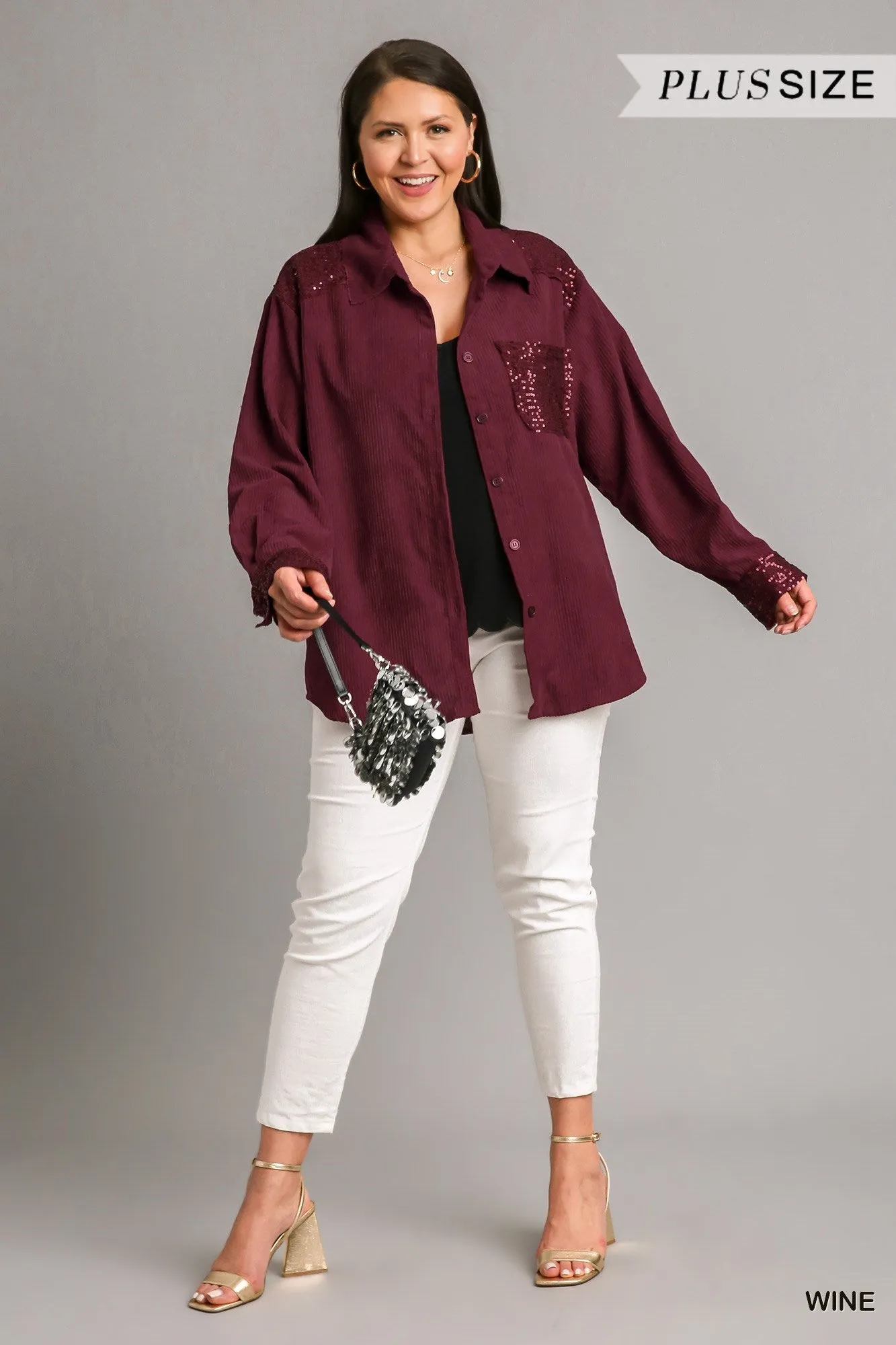 Umgee Wine Corduroy Jacket With Sequin Details Plus