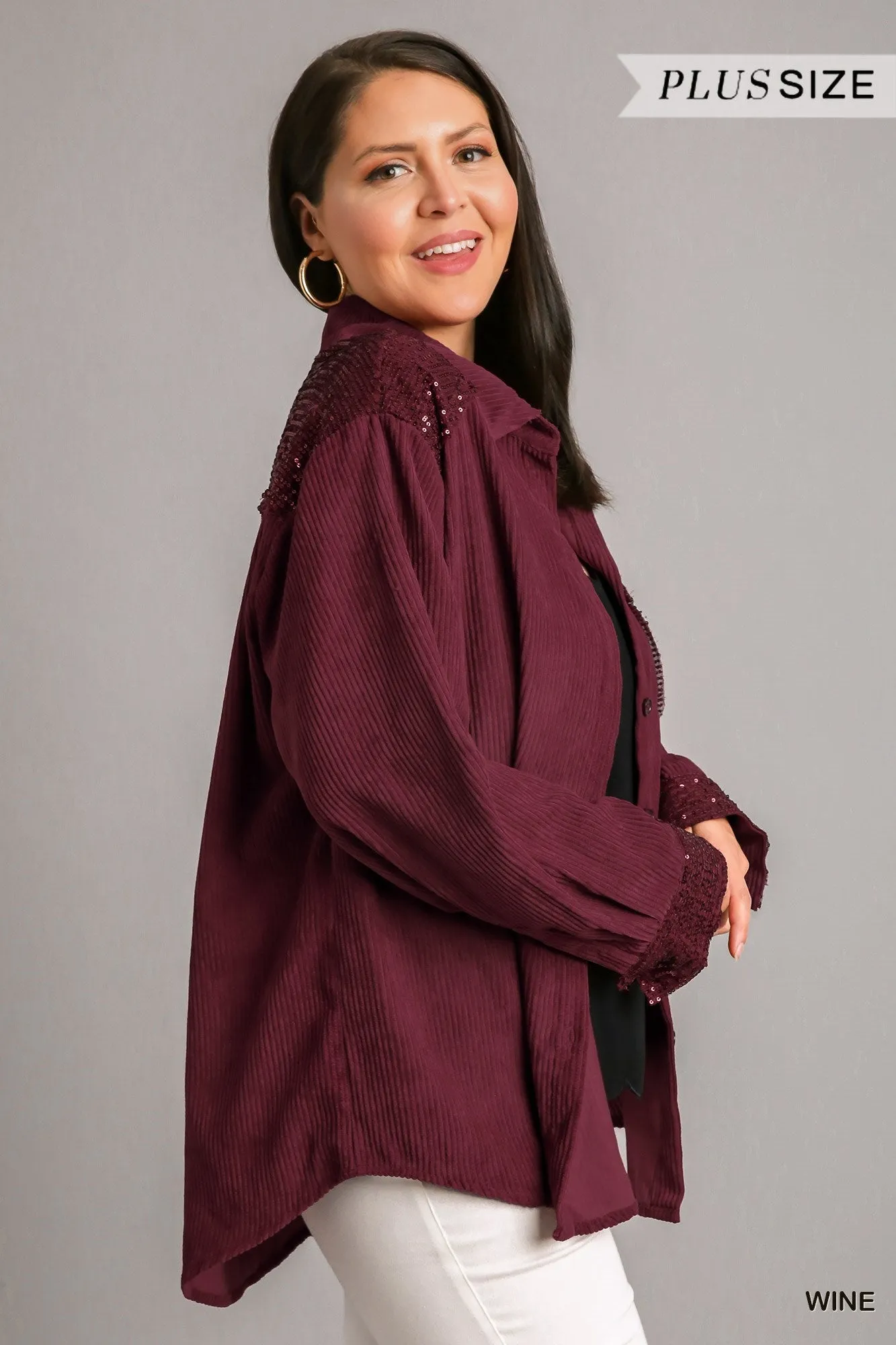 Umgee Wine Corduroy Jacket With Sequin Details Plus