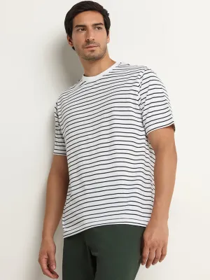 WES Lounge White Striped Cotton-Blend Relaxed Fit T-Shirt