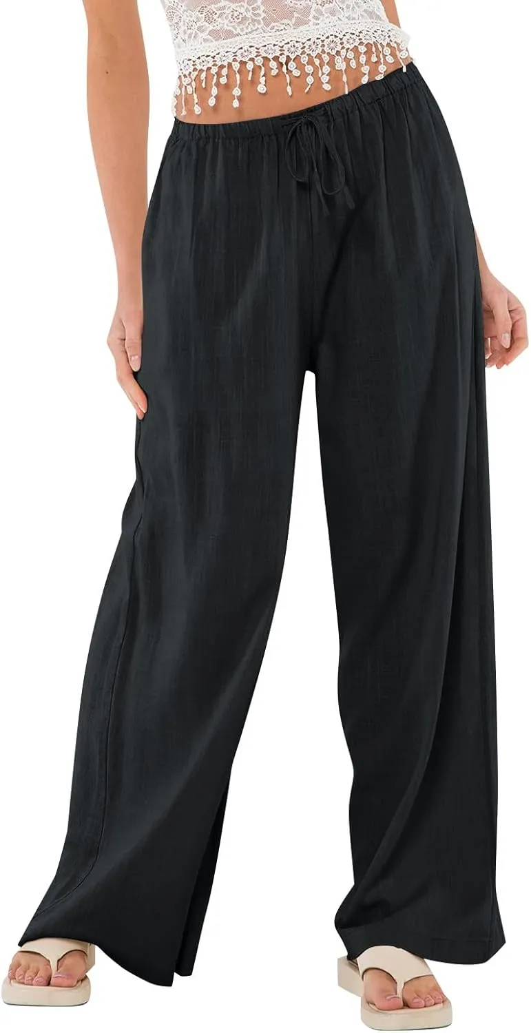 Wide Leg Linen Pants for Women Summer Elastic Waist Cotton Palazzo Pants Loose Guaze Casual Work Pants with Pockets