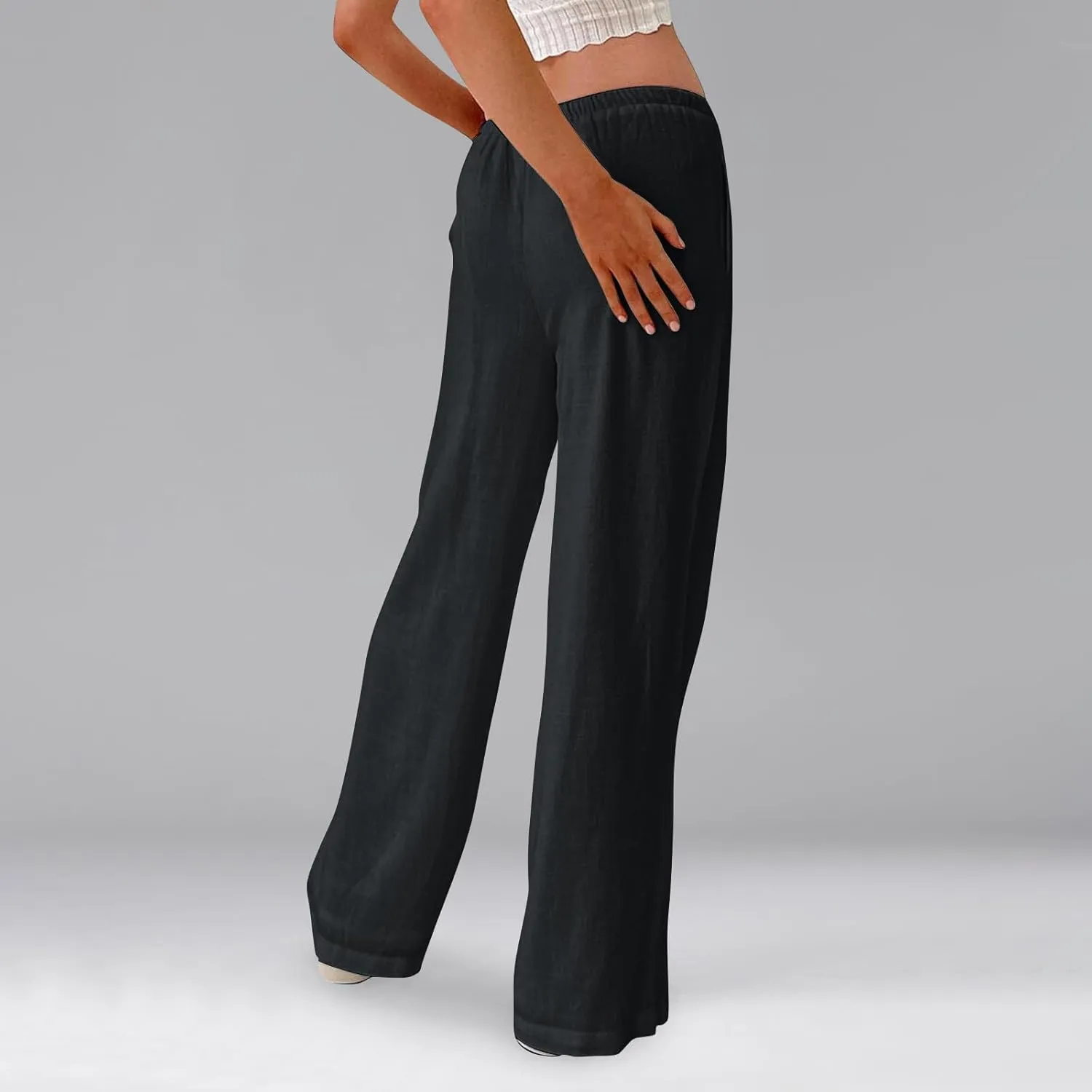 Wide Leg Linen Pants for Women Summer Elastic Waist Cotton Palazzo Pants Loose Guaze Casual Work Pants with Pockets