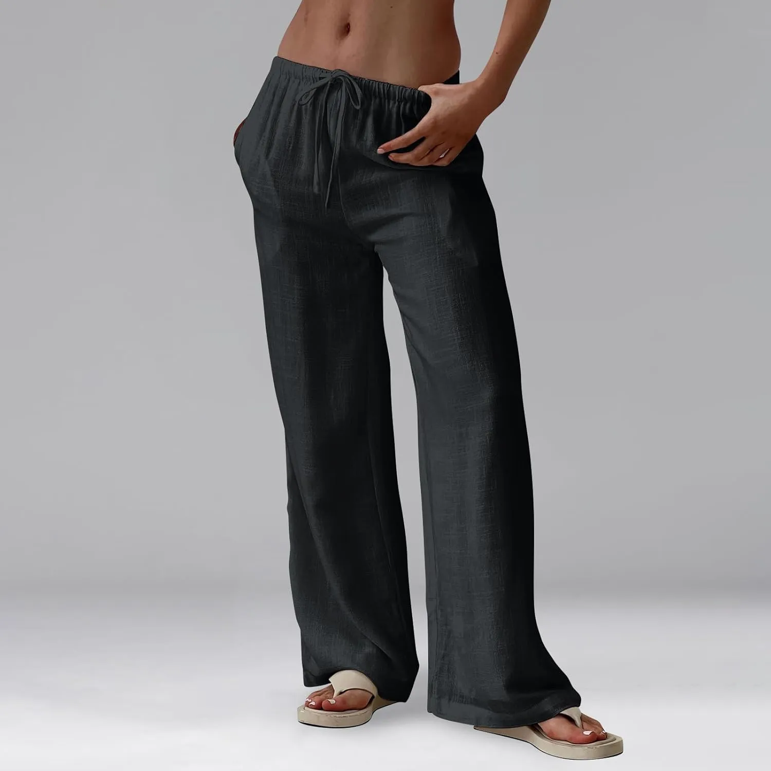 Wide Leg Linen Pants for Women Summer Elastic Waist Cotton Palazzo Pants Loose Guaze Casual Work Pants with Pockets