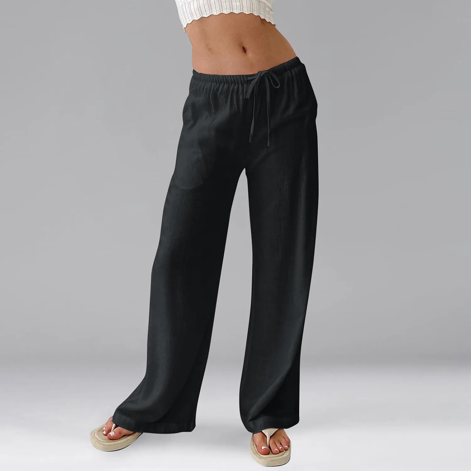 Wide Leg Linen Pants for Women Summer Elastic Waist Cotton Palazzo Pants Loose Guaze Casual Work Pants with Pockets