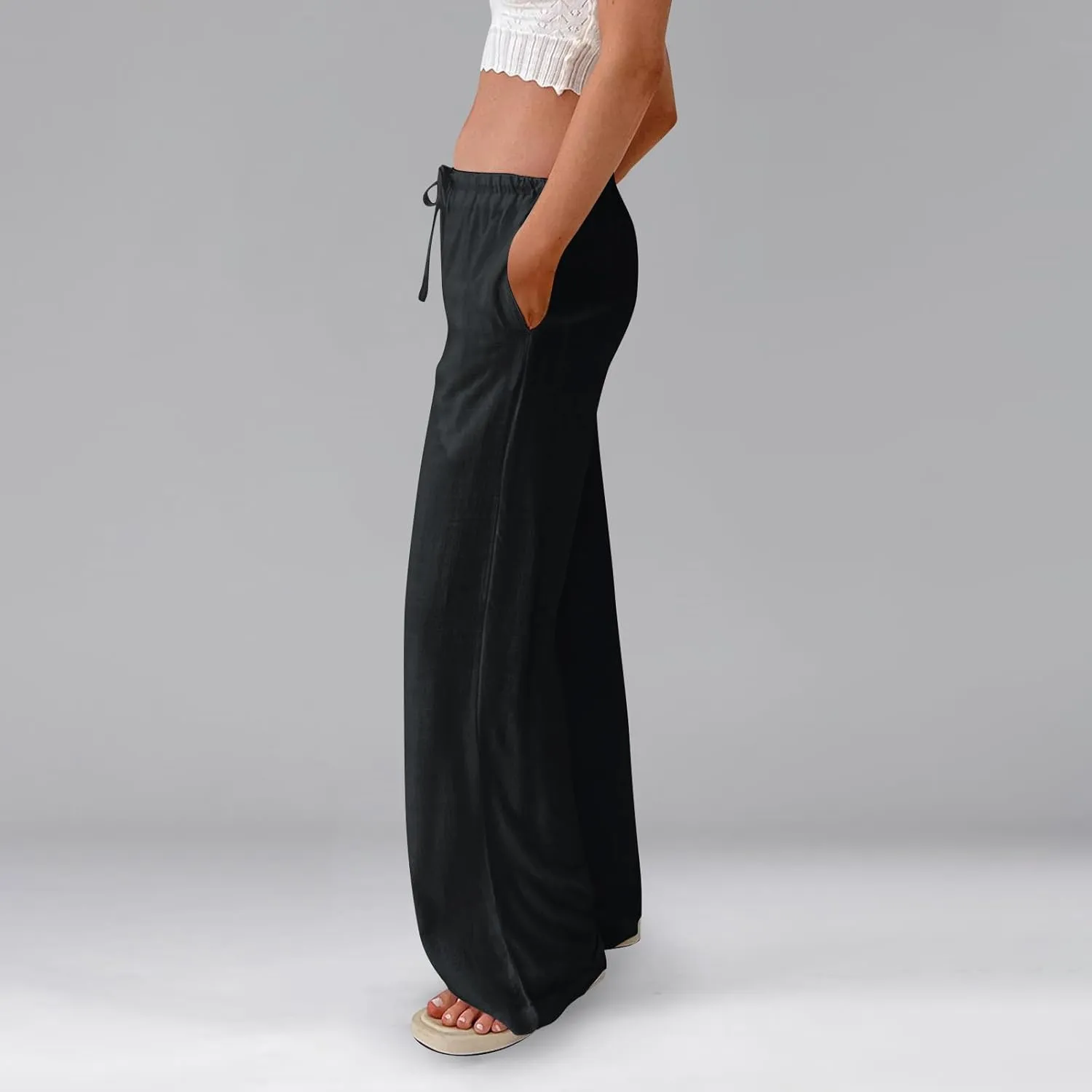 Wide Leg Linen Pants for Women Summer Elastic Waist Cotton Palazzo Pants Loose Guaze Casual Work Pants with Pockets
