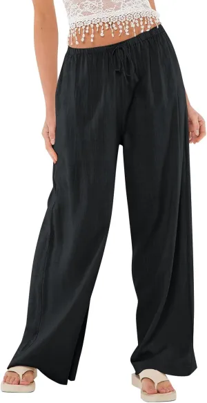 Wide Leg Linen Pants for Women Summer Elastic Waist Cotton Palazzo Pants Loose Guaze Casual Work Pants with Pockets