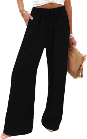 Wide Leg Pants Women Elastic Waisted Trousers Adjustable Drawstring Palazzo Pants Flowy Beach Work Slacks with Pockets