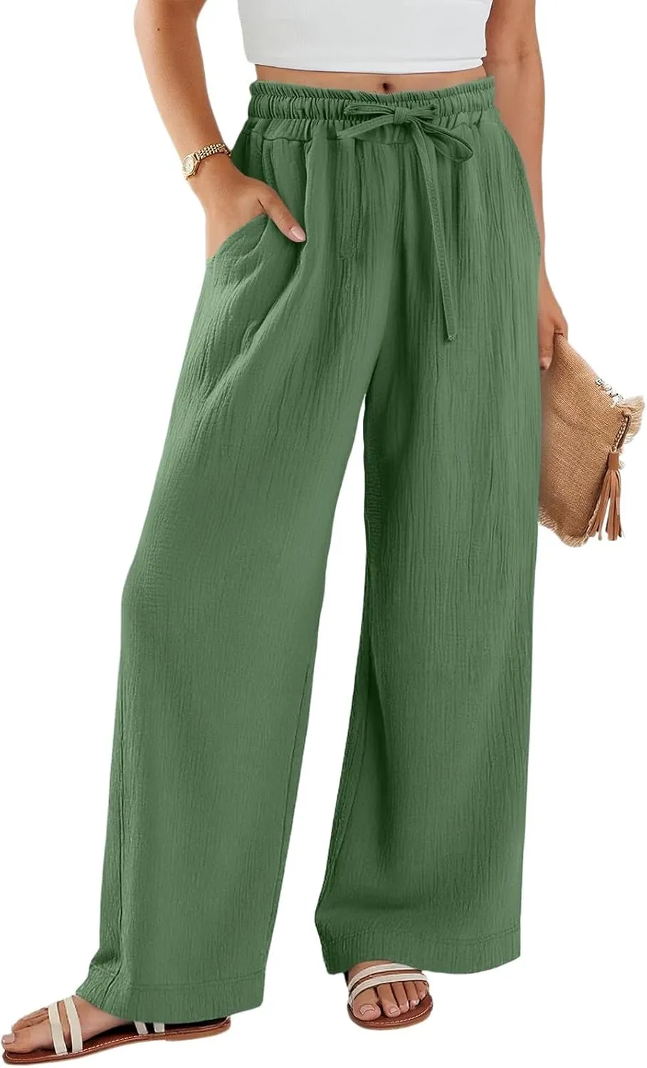 Wide Leg Pants Women Elastic Waisted Trousers Adjustable Drawstring Palazzo Pants Flowy Beach Work Slacks with Pockets