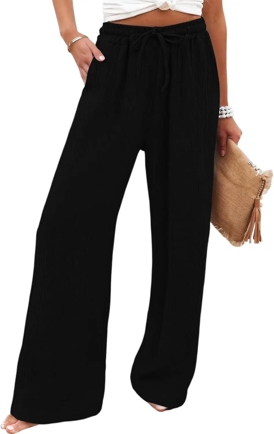 Wide Leg Pants Women Elastic Waisted Trousers Adjustable Drawstring Palazzo Pants Flowy Beach Work Slacks with Pockets