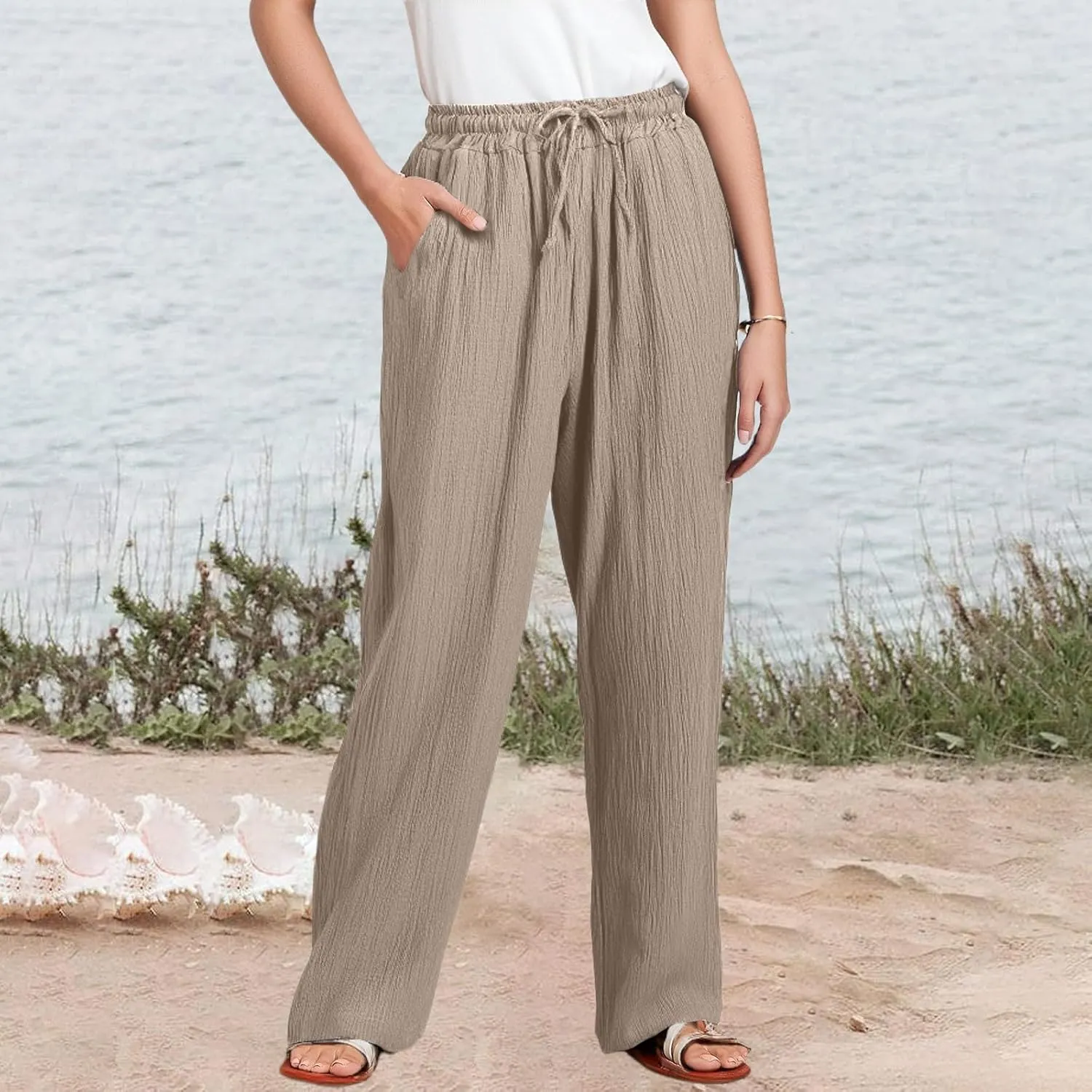 Wide Leg Pants Women Elastic Waisted Trousers Adjustable Drawstring Palazzo Pants Flowy Beach Work Slacks with Pockets