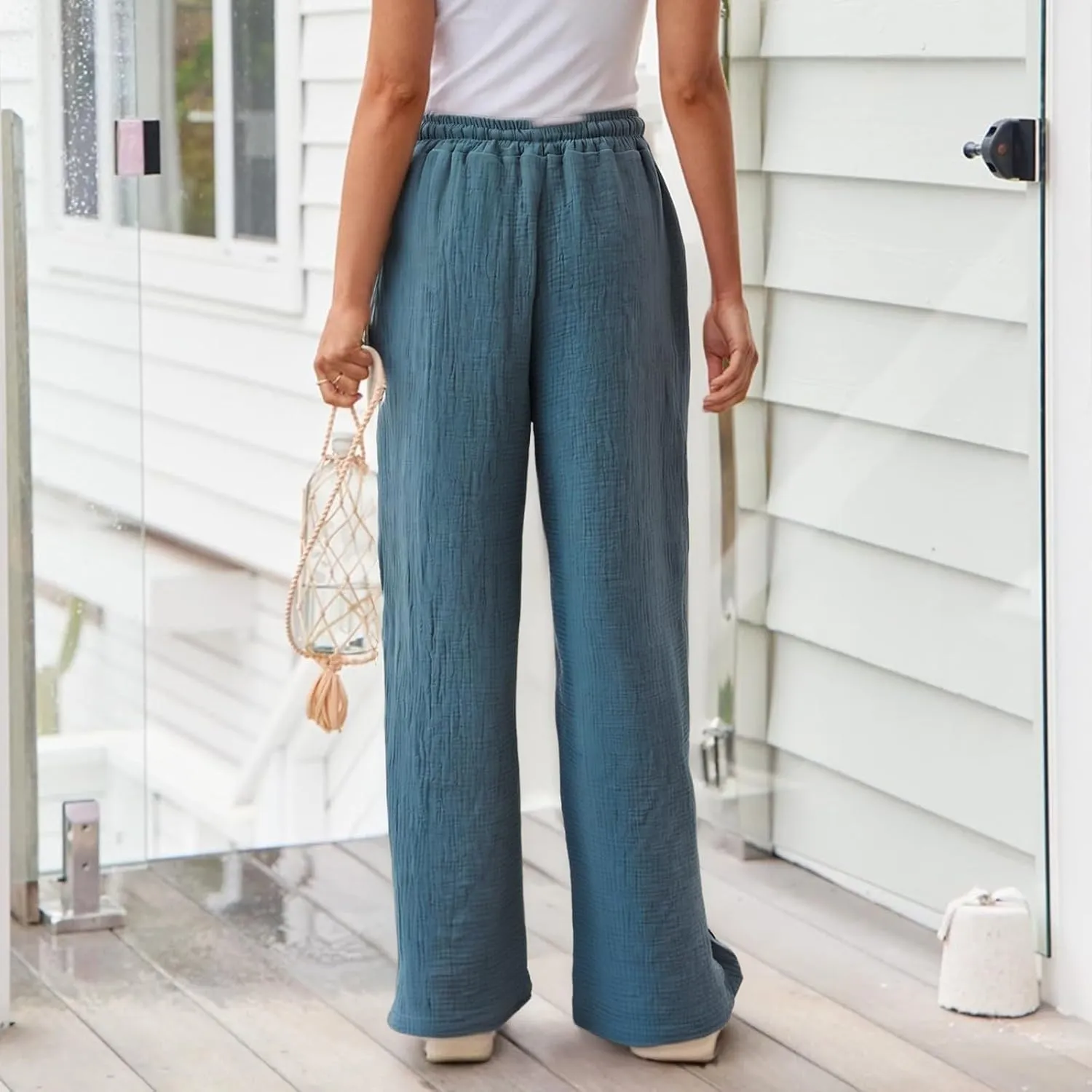 Wide Leg Pants Women Elastic Waisted Trousers Adjustable Drawstring Palazzo Pants Flowy Beach Work Slacks with Pockets