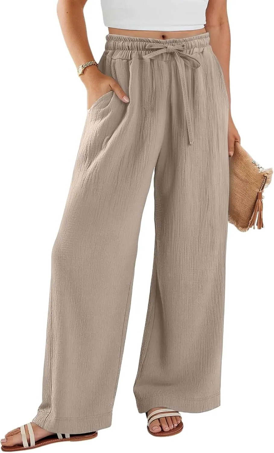 Wide Leg Pants Women Elastic Waisted Trousers Adjustable Drawstring Palazzo Pants Flowy Beach Work Slacks with Pockets