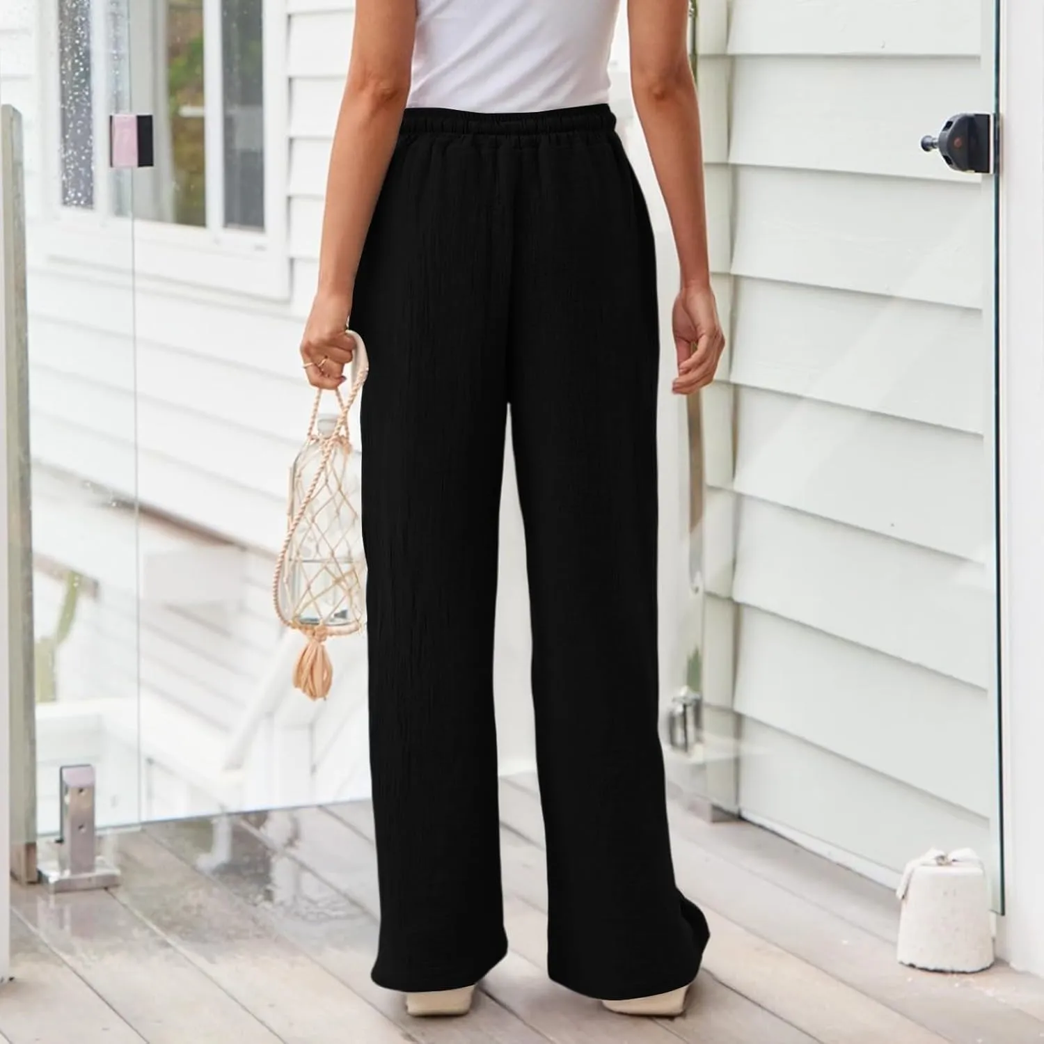 Wide Leg Pants Women Elastic Waisted Trousers Adjustable Drawstring Palazzo Pants Flowy Beach Work Slacks with Pockets