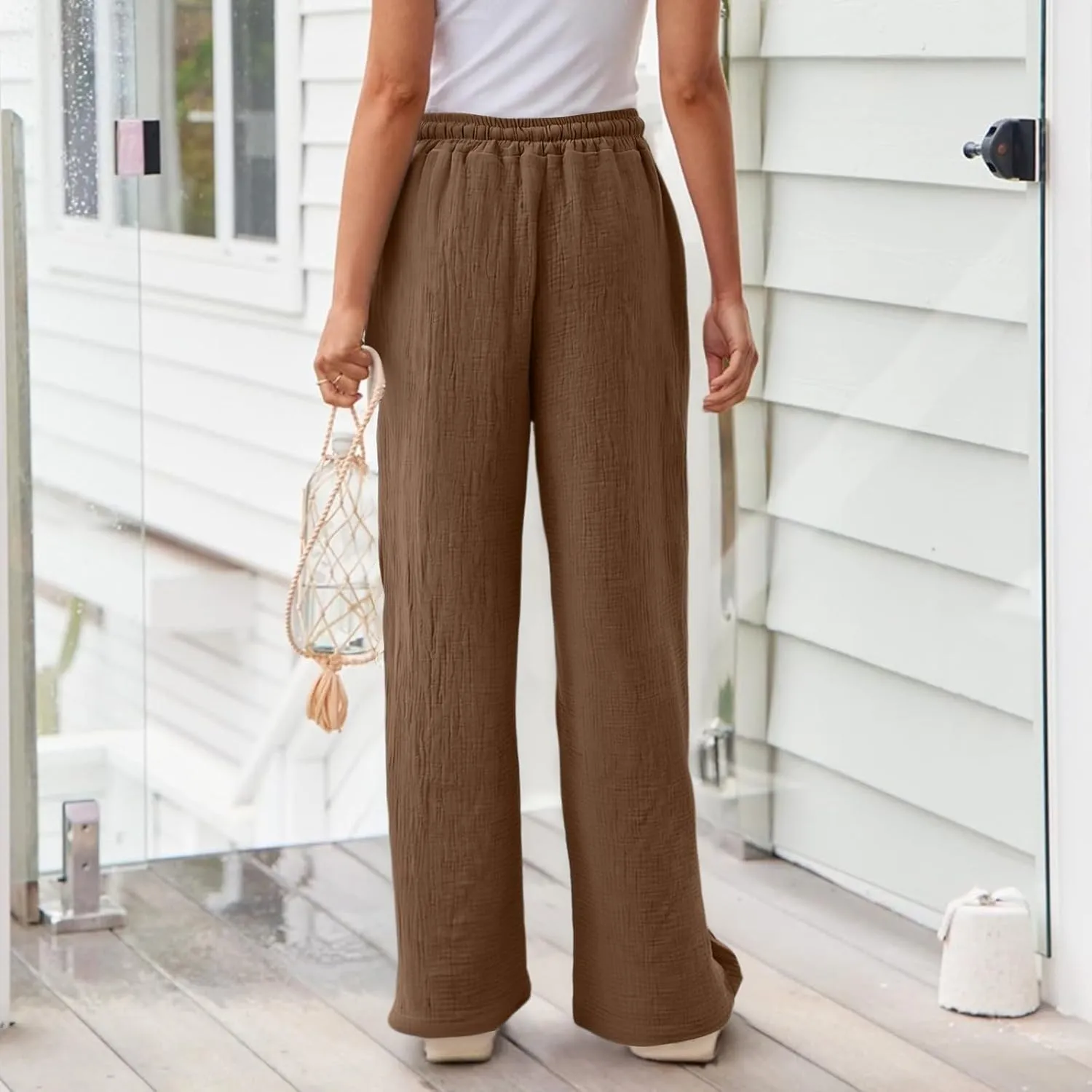 Wide Leg Pants Women Elastic Waisted Trousers Adjustable Drawstring Palazzo Pants Flowy Beach Work Slacks with Pockets