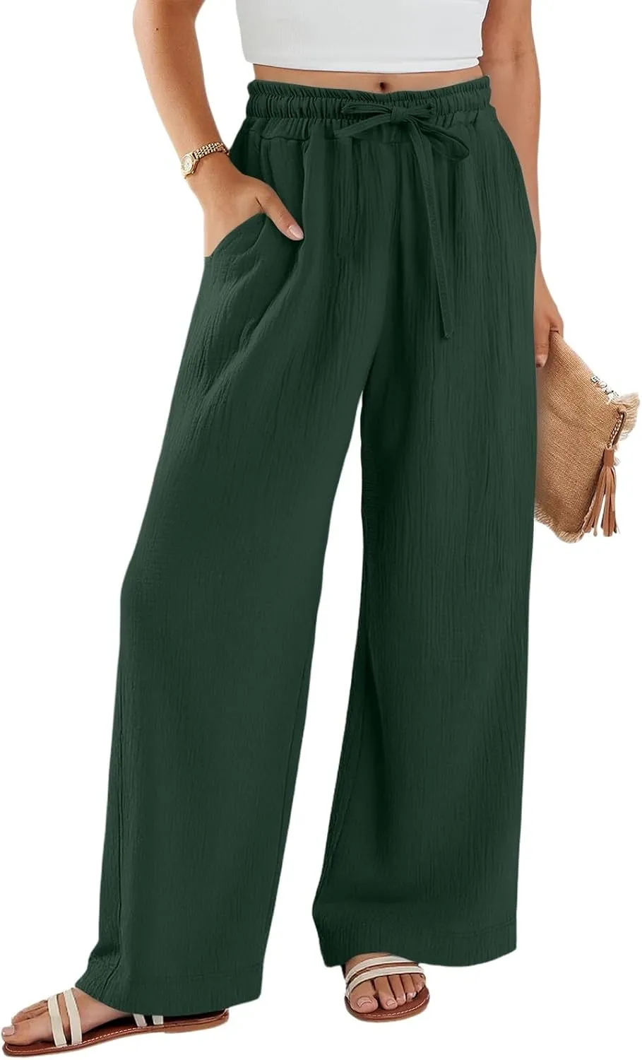 Wide Leg Pants Women Elastic Waisted Trousers Adjustable Drawstring Palazzo Pants Flowy Beach Work Slacks with Pockets