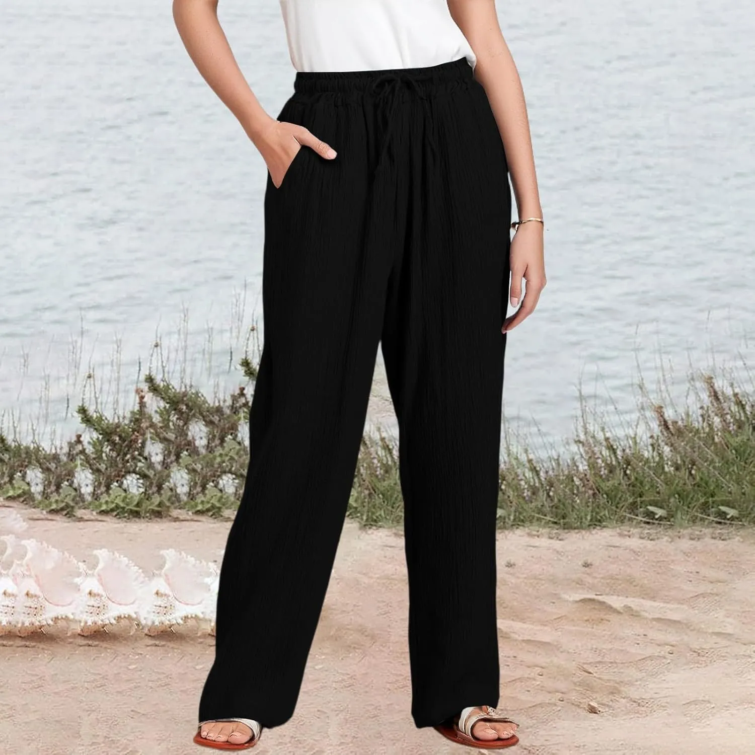 Wide Leg Pants Women Elastic Waisted Trousers Adjustable Drawstring Palazzo Pants Flowy Beach Work Slacks with Pockets