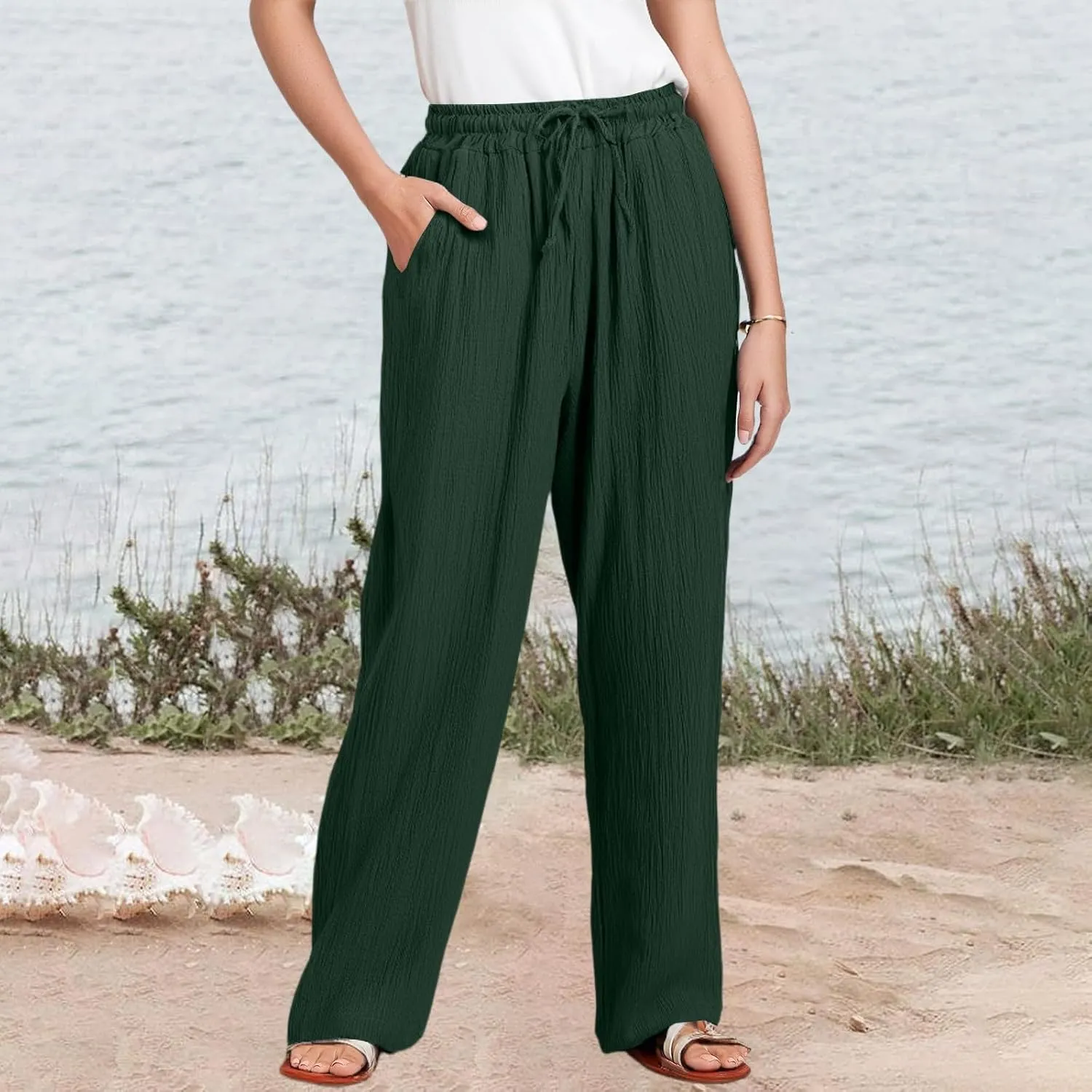 Wide Leg Pants Women Elastic Waisted Trousers Adjustable Drawstring Palazzo Pants Flowy Beach Work Slacks with Pockets