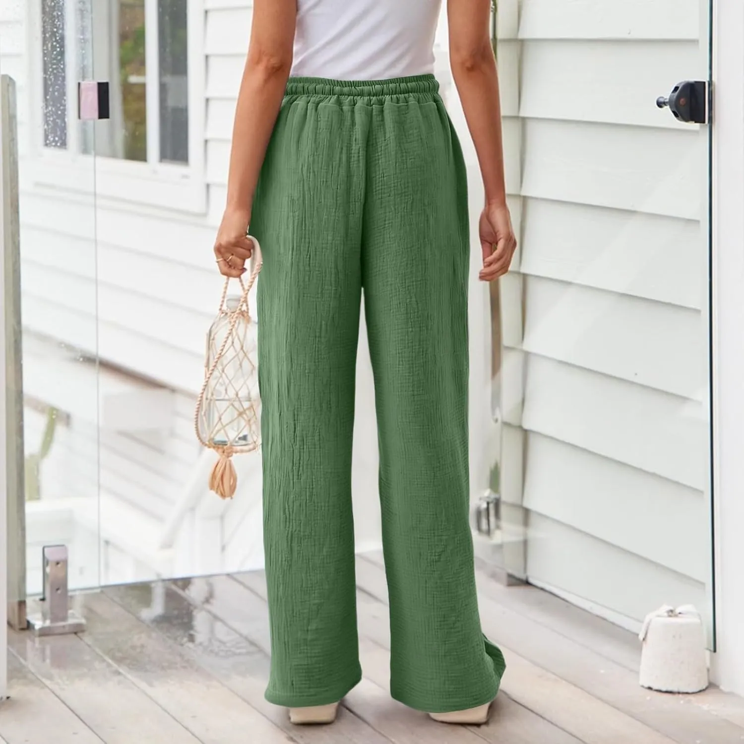Wide Leg Pants Women Elastic Waisted Trousers Adjustable Drawstring Palazzo Pants Flowy Beach Work Slacks with Pockets