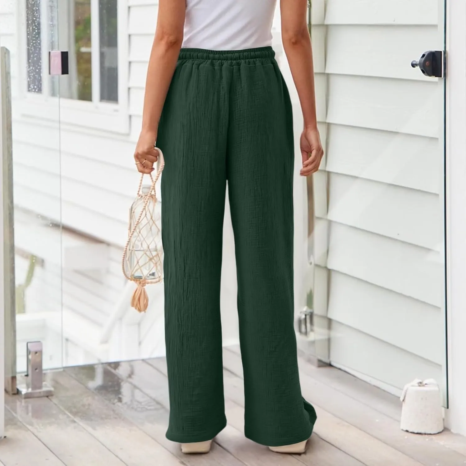 Wide Leg Pants Women Elastic Waisted Trousers Adjustable Drawstring Palazzo Pants Flowy Beach Work Slacks with Pockets