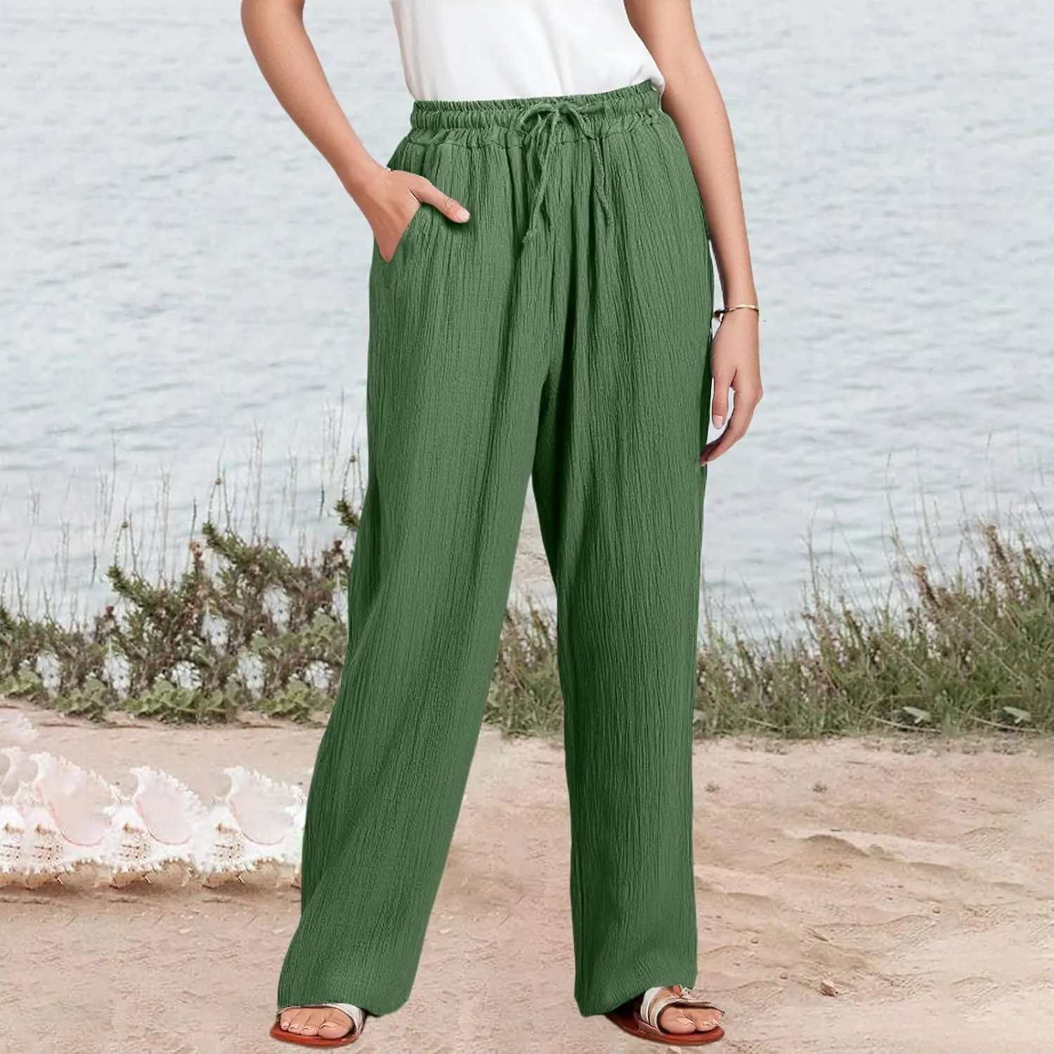 Wide Leg Pants Women Elastic Waisted Trousers Adjustable Drawstring Palazzo Pants Flowy Beach Work Slacks with Pockets
