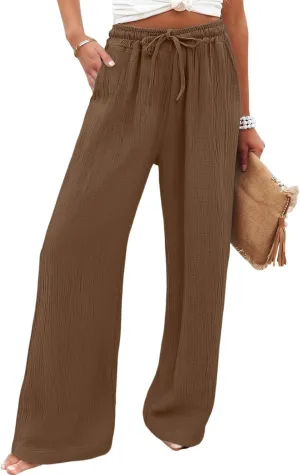 Wide Leg Pants Women Elastic Waisted Trousers Adjustable Drawstring Palazzo Pants Flowy Beach Work Slacks with Pockets