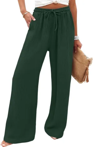 Wide Leg Pants Women Elastic Waisted Trousers Adjustable Drawstring Palazzo Pants Flowy Beach Work Slacks with Pockets