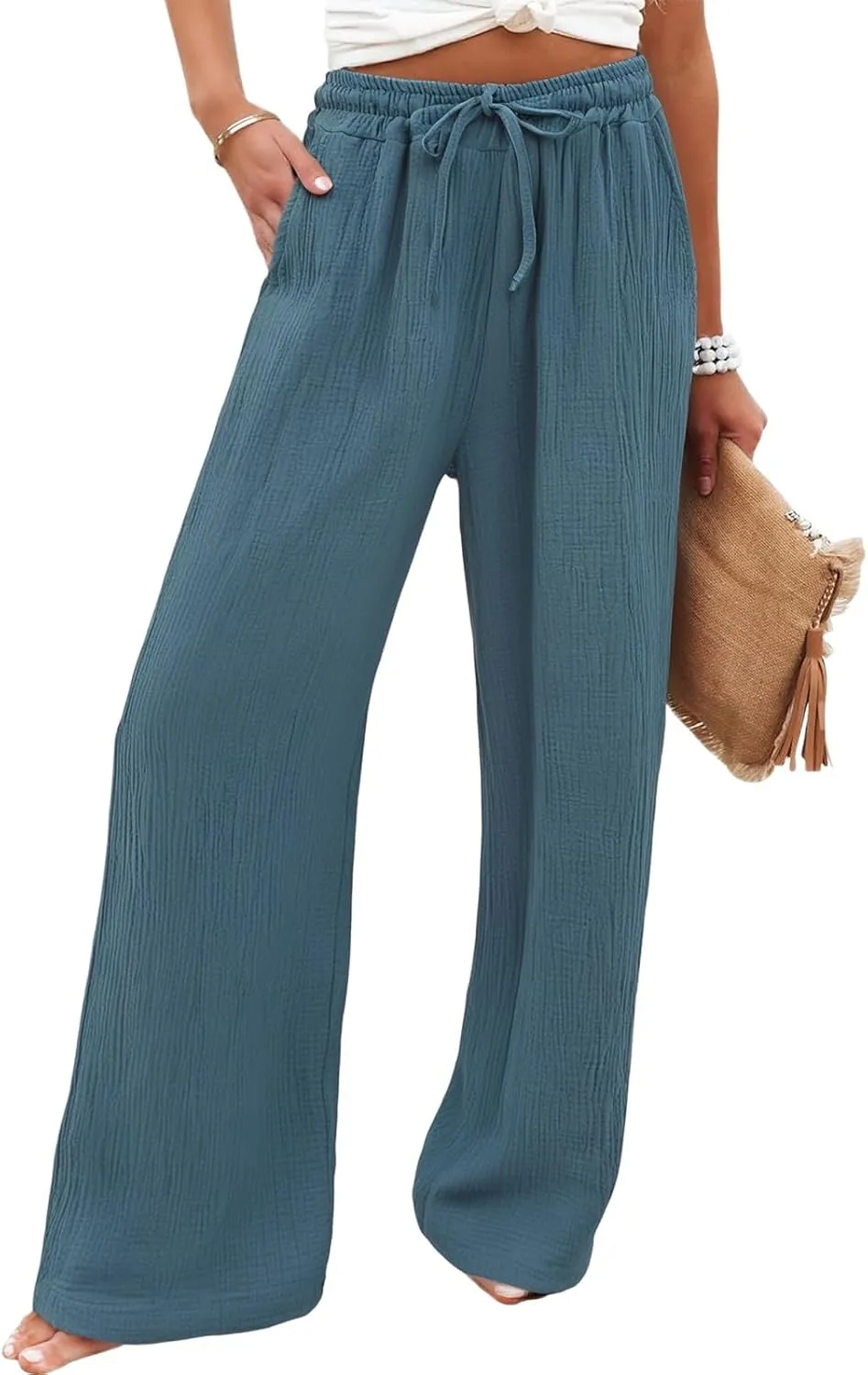 Wide Leg Pants Women Elastic Waisted Trousers Adjustable Drawstring Palazzo Pants Flowy Beach Work Slacks with Pockets