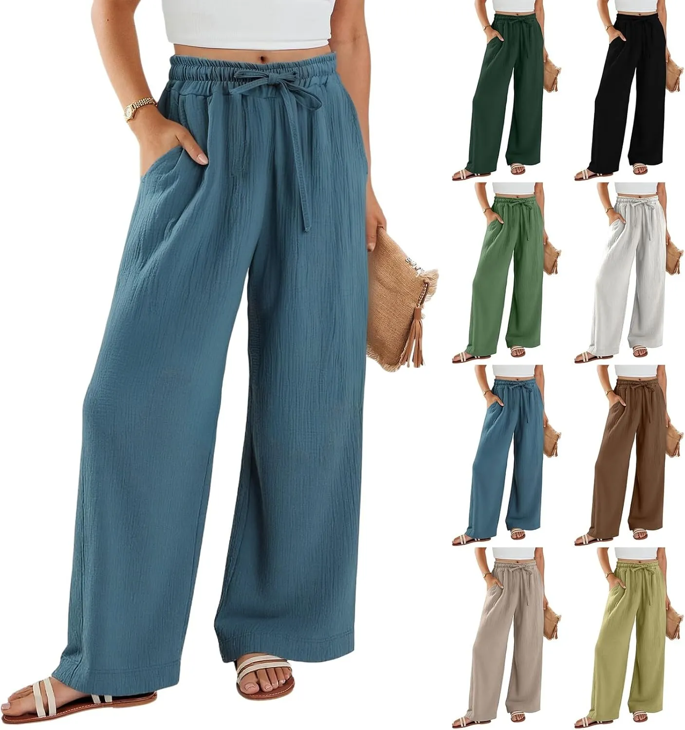 Wide Leg Pants Women Elastic Waisted Trousers Adjustable Drawstring Palazzo Pants Flowy Beach Work Slacks with Pockets
