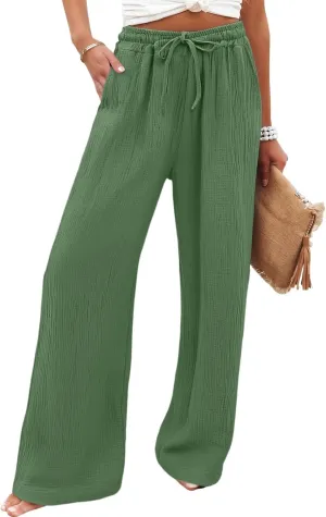 Wide Leg Pants Women Elastic Waisted Trousers Adjustable Drawstring Palazzo Pants Flowy Beach Work Slacks with Pockets