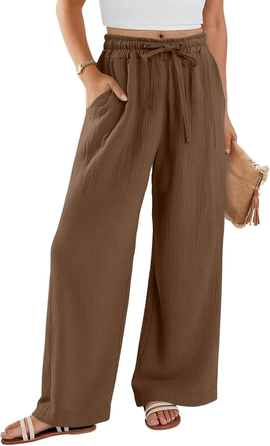 Wide Leg Pants Women Elastic Waisted Trousers Adjustable Drawstring Palazzo Pants Flowy Beach Work Slacks with Pockets