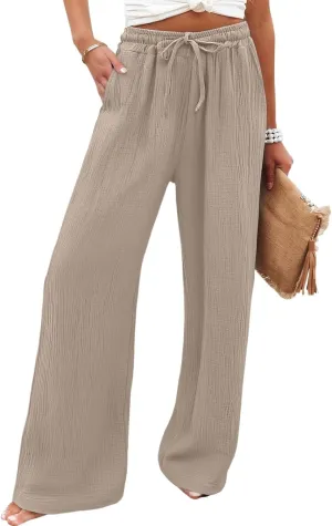 Wide Leg Pants Women Elastic Waisted Trousers Adjustable Drawstring Palazzo Pants Flowy Beach Work Slacks with Pockets