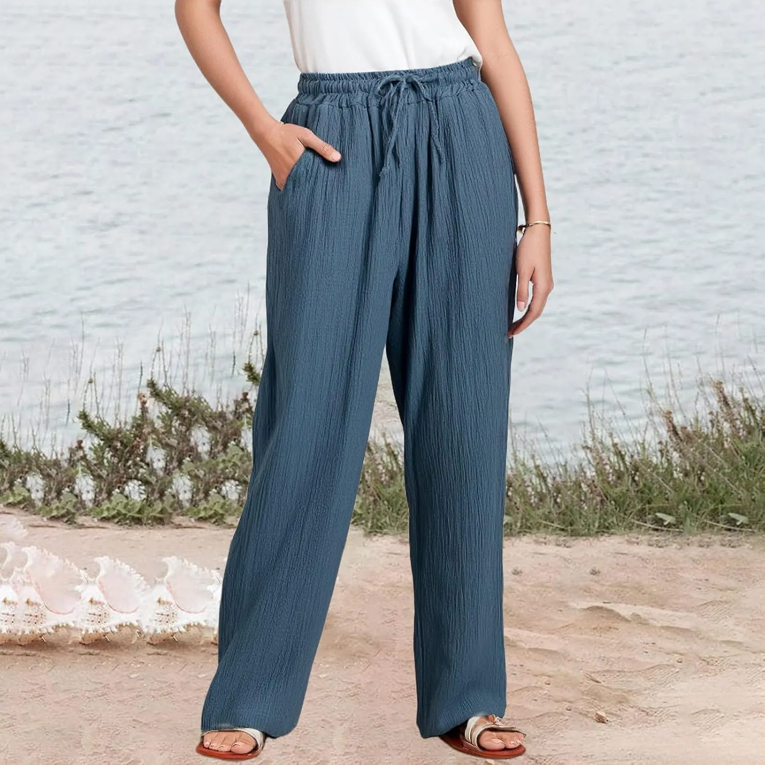 Wide Leg Pants Women Elastic Waisted Trousers Adjustable Drawstring Palazzo Pants Flowy Beach Work Slacks with Pockets