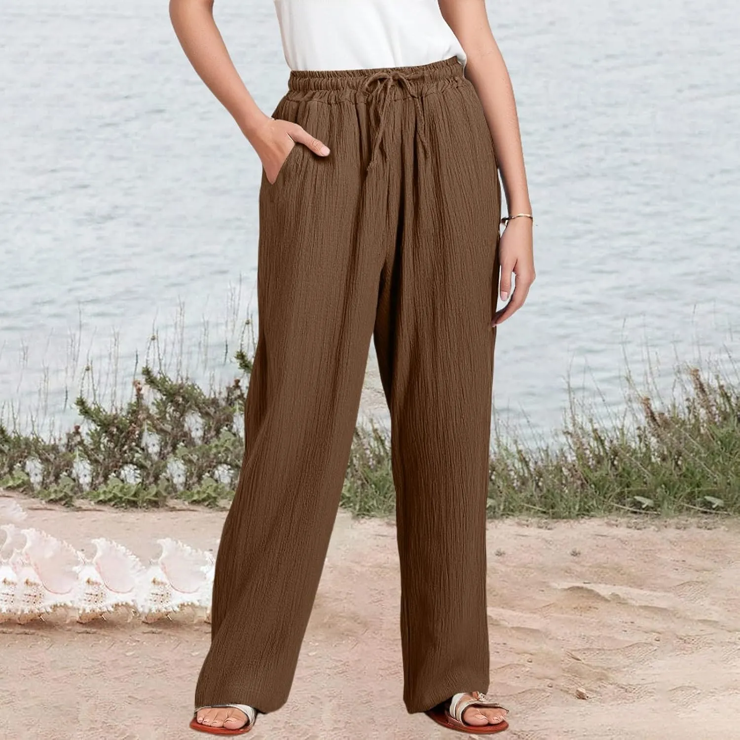 Wide Leg Pants Women Elastic Waisted Trousers Adjustable Drawstring Palazzo Pants Flowy Beach Work Slacks with Pockets