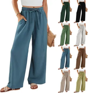 Wide Leg Pants Women Elastic Waisted Trousers Adjustable Drawstring Palazzo Pants Flowy Beach Work Slacks with Pockets