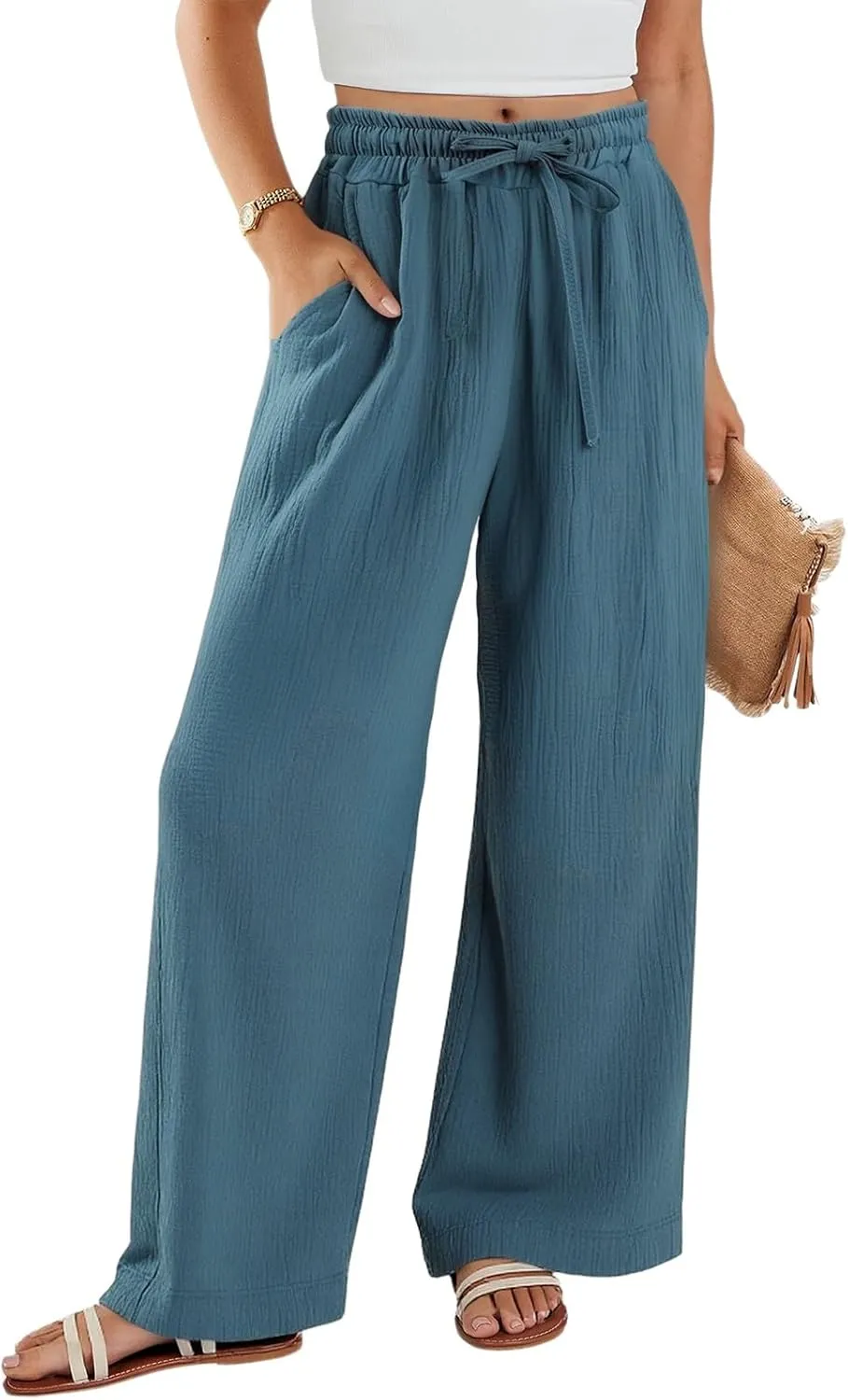 Wide Leg Pants Women Elastic Waisted Trousers Adjustable Drawstring Palazzo Pants Flowy Beach Work Slacks with Pockets