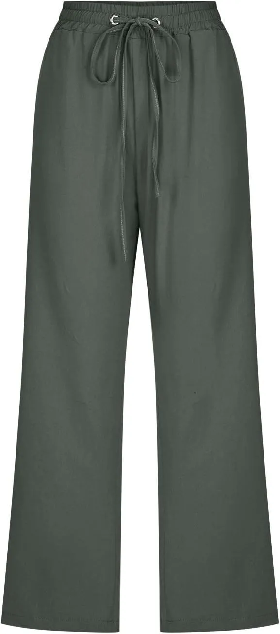 Women Cotton Linen Capris Pants Casual Summer 2025 Straight Wide Leg Loose Drawstring Elastic Waist Cropped Trouser